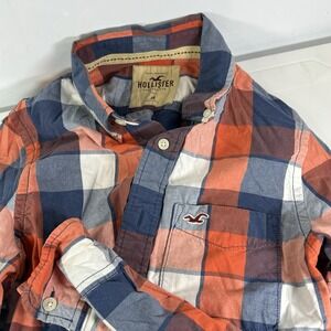 Vtg Y2K Hollister Medium Orange & Blue Plaid Long Sleeve Button Down Shirt‎ EUC!